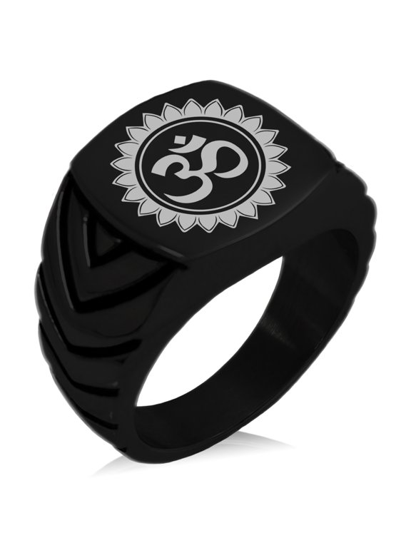 Stainless Steel Sacred Lotus Sanskrit Om Chevron Pattern Biker Style Polished Ring