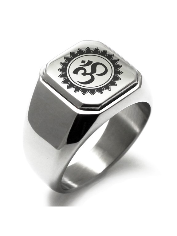 Stainless Steel Sacred Lotus Sanskrit Om Engraved Square Flat Top Biker Style Polished Signet Ring