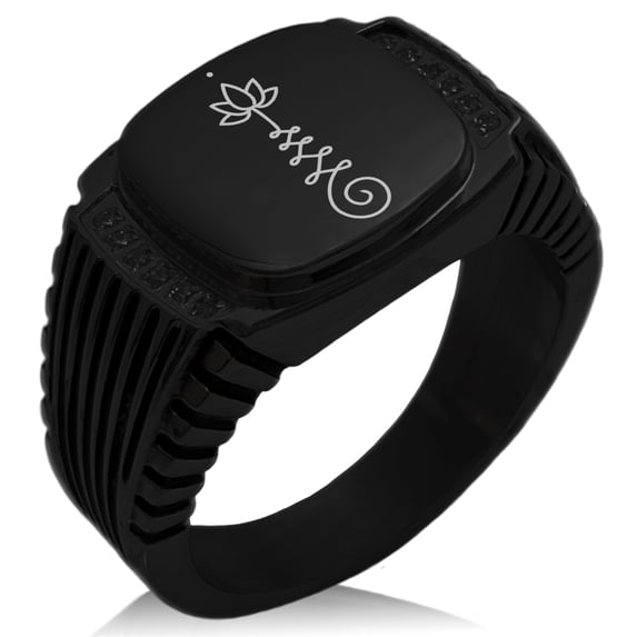 Stainless Steel Sacred Lotus Unalome CZ Ribbed Needle Stripe Pattern Biker Style Polished Ring