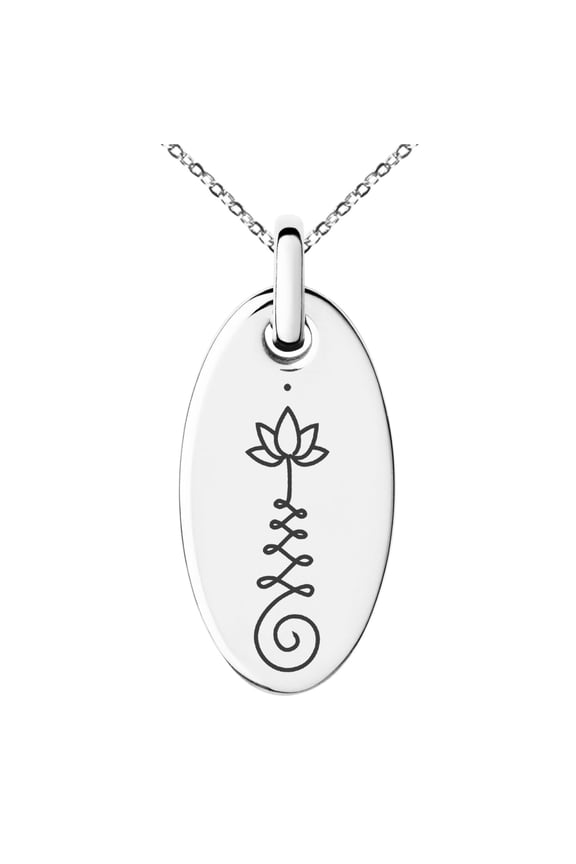 Stainless Steel Sacred Lotus Unalome Engraved Small Oval Charm Pendant Necklace