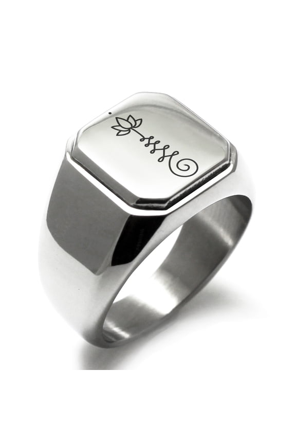Stainless Steel Sacred Lotus Unalome Engraved Square Flat Top Biker Style Polished Signet Ring
