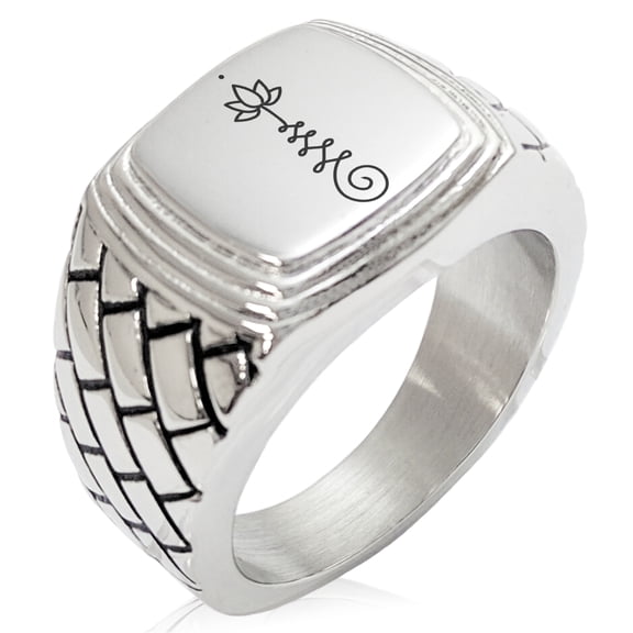 Tioneer Stainless Steel Sacred Lotus Unalome Geometric Pattern Step-Down Biker Style Polished Ring