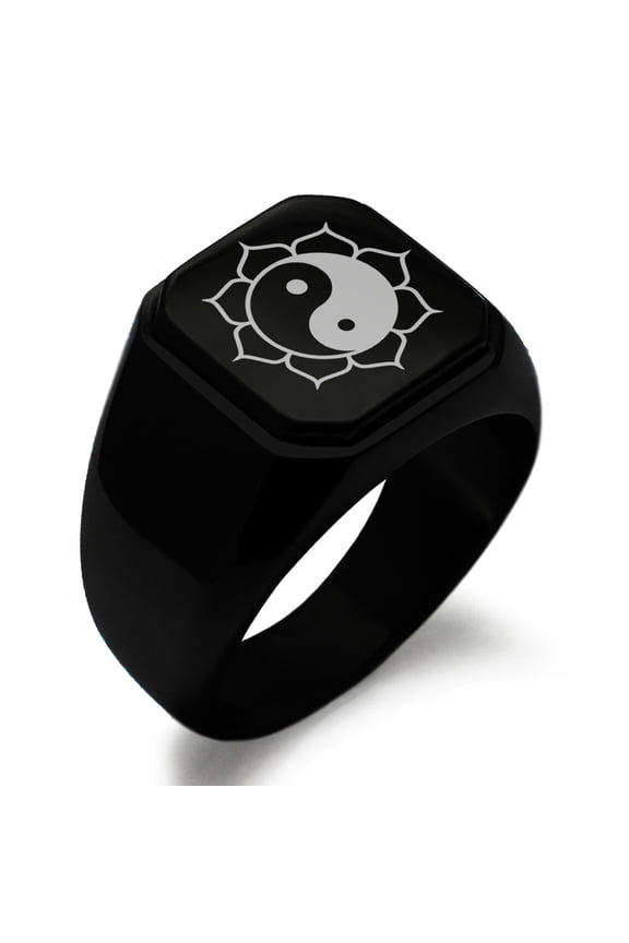 Stainless Steel Sacred Lotus Yin Yang Engraved Square Flat Top Biker Style Polished Signet Ring