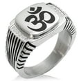 thumbnail image 1 of Stainless Steel Sacred Sanskrit Om CZ Ribbed Needle Stripe Pattern Biker Style Polished Ring, 1 of 1