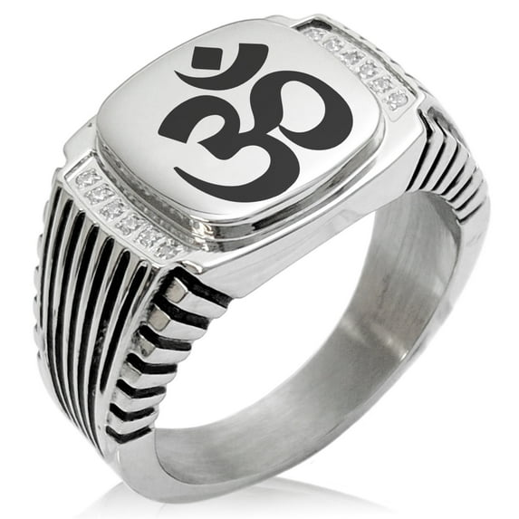 Stainless Steel Sacred Sanskrit Om CZ Ribbed Needle Stripe Pattern Biker Style Polished Ring