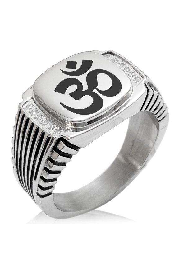 Stainless Steel Sacred Sanskrit Om CZ Ribbed Needle Stripe Pattern Biker Style Polished Ring