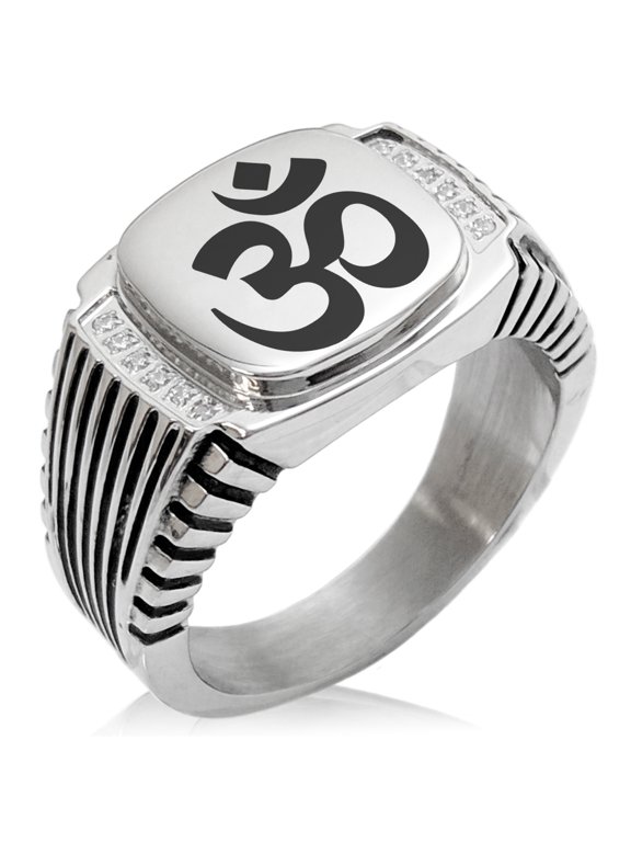 Stainless Steel Sacred Sanskrit Om CZ Ribbed Needle Stripe Pattern Biker Style Polished Ring
