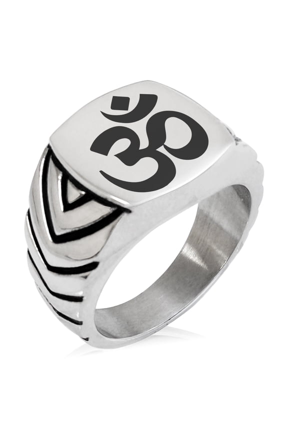Stainless Steel Sacred Sanskrit Om Chevron Pattern Biker Style Polished Ring