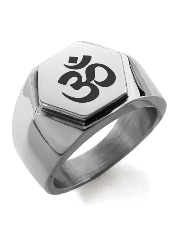 Stainless Steel Sacred Sanskrit Om Engraved Hexagon Crest Flat Top Biker Style Polished Ring