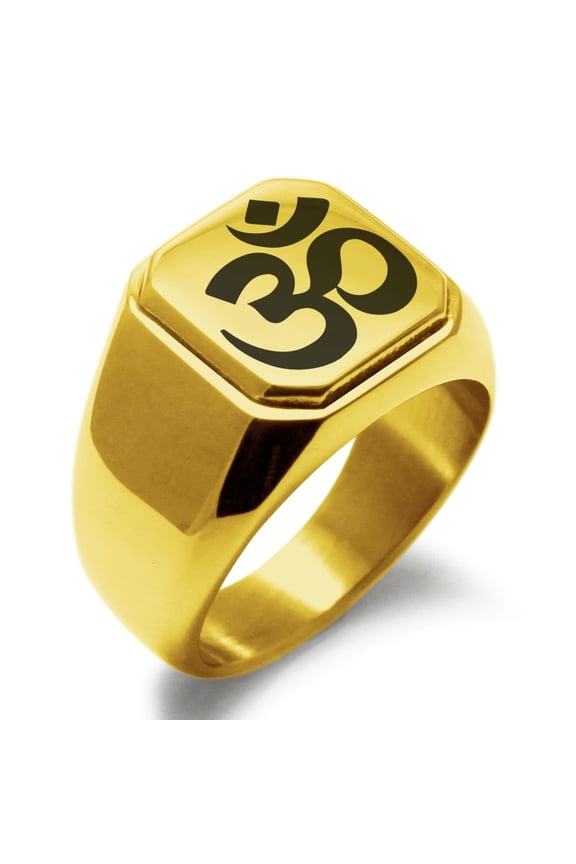 Stainless Steel Sacred Sanskrit Om Engraved Square Flat Top Biker Style Polished Signet Ring
