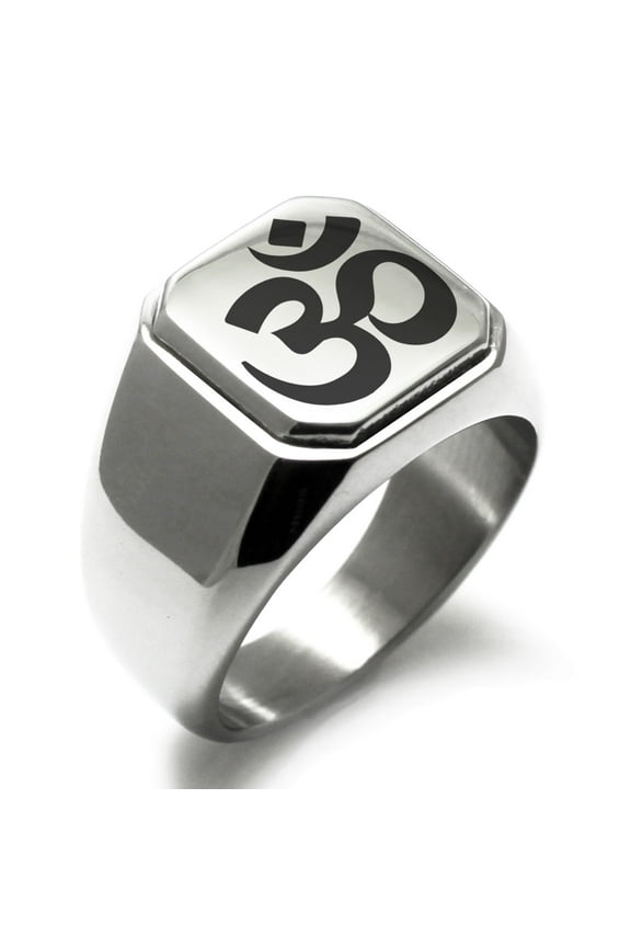 Stainless Steel Sacred Sanskrit Om Engraved Square Flat Top Biker Style Polished Signet Ring