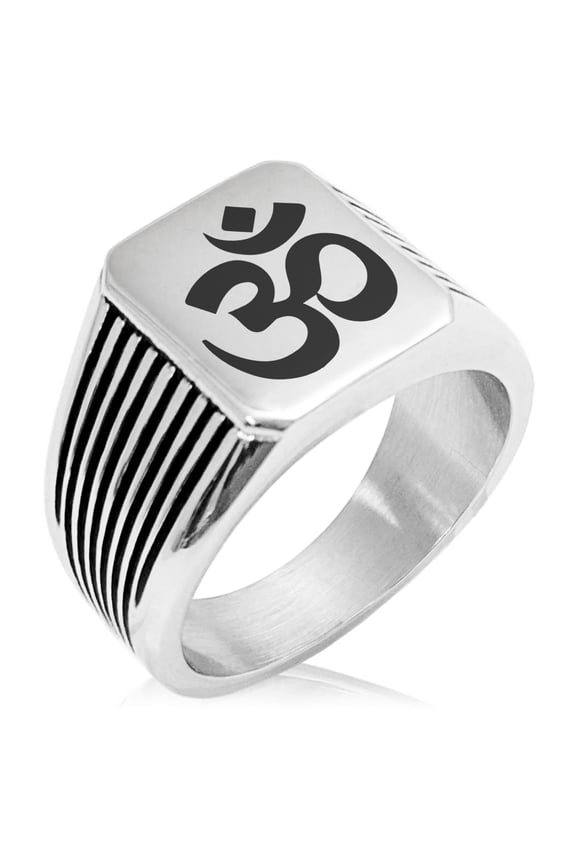 Stainless Steel Sacred Sanskrit Om Needle Stripe Pattern Biker Style Polished Ring
