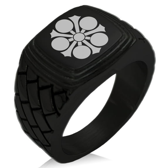 Stainless Steel Sagara Samurai Crest Geometric Pattern Step-Down Biker Style Polished Ring