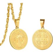 ANILUX Stainless Steel Saint Benedict Medal Necklace, Protection Jewelry for Men Women, 18K Real Gold Plated, 22inch-24inch Adjustable, Come Gift Box