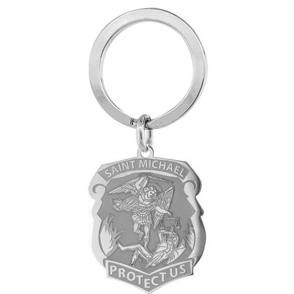 Stainless Steel Saint Michael Badge Religious Engravable Keychain - 3/4 inch x 1 inch - Stainless Steel