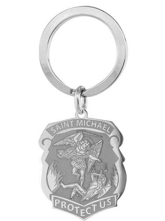 Stainless Steel Saint Michael Badge Religious Engravable Keychain - 3/4 inch x 1 inch - Stainless Steel