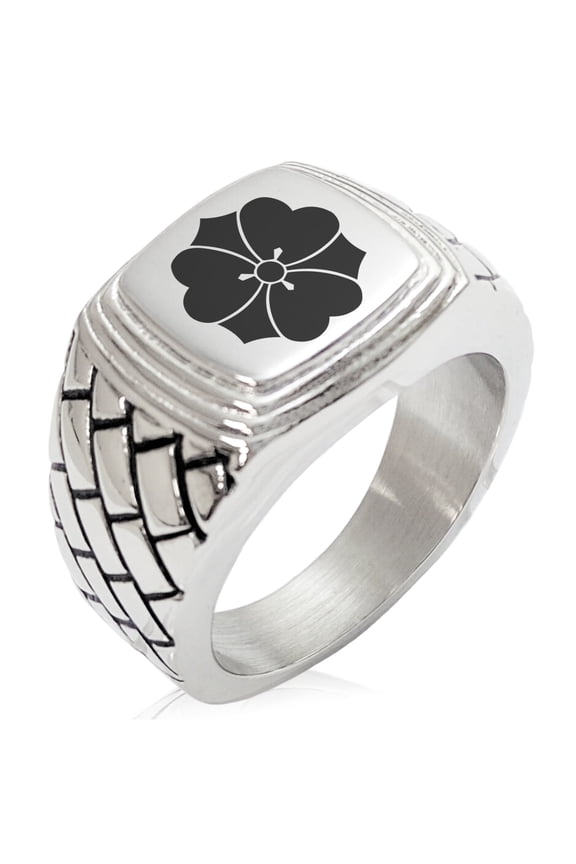 Stainless Steel Sakai Samurai Crest Geometric Pattern Step-Down Biker Style Polished Ring