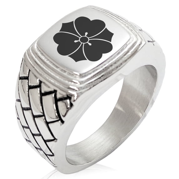 Tioneer Stainless Steel Sakai Samurai Crest Geometric Pattern Step-Down Biker Style Polished Ring