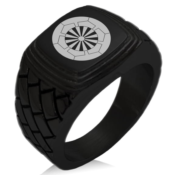 Tioneer Stainless Steel Sakakibara Samurai Crest Geometric Pattern Step-Down Biker Style Polished Ring
