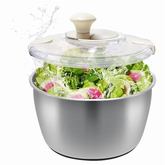 Stainless Steel Salad Lettuce Spinner with Lid, Basin, Drain Frame and Non-Slip Base,Compact Manual with Quick