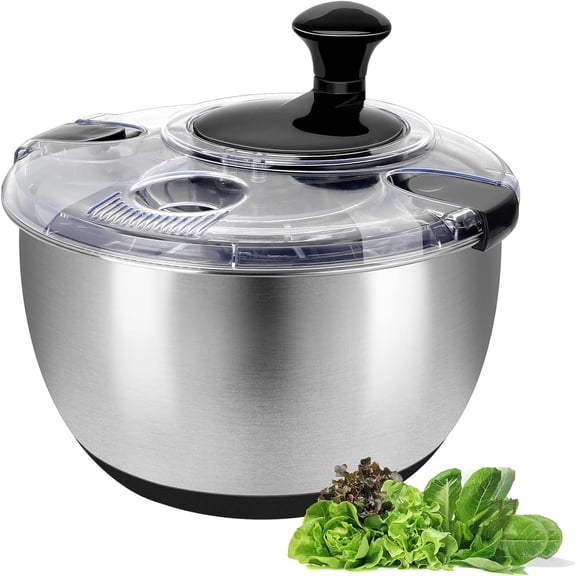 Stainless Steel Salad Spinner, 4.8 Qt Vegetable Washer, BPA-Free Lettuce Dryer with Crank Design, Dishwasher Safe, Non-Slip Base - Black Lid