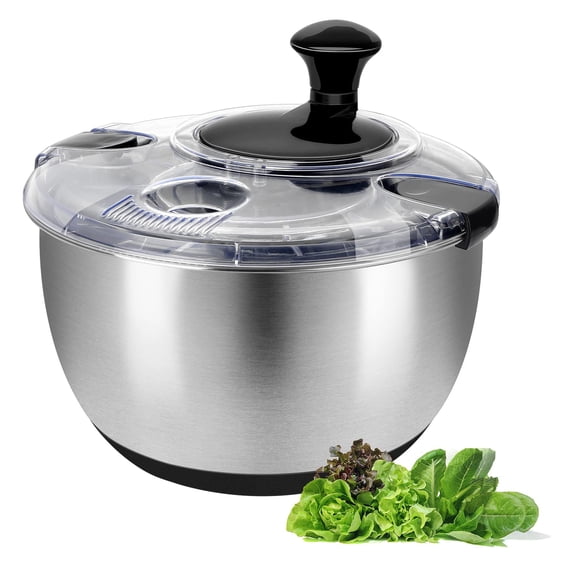 Stainless Steel Salad Spinner, 4.8 Qt Vegetable Washer, BPA-Free Lettuce Dryer with Crank Design, Dishwasher Safe, Non-Slip Base - Transparent Lid