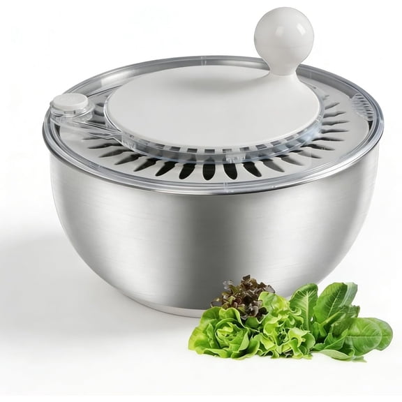 Stainless Steel Salad Spinner, 5L Capacity Vegetable Washer, Lettuce Dryer with Non-Slip Base and Stop Button, 9.65 Inch Diameter Salad Bowl Fruit Washer