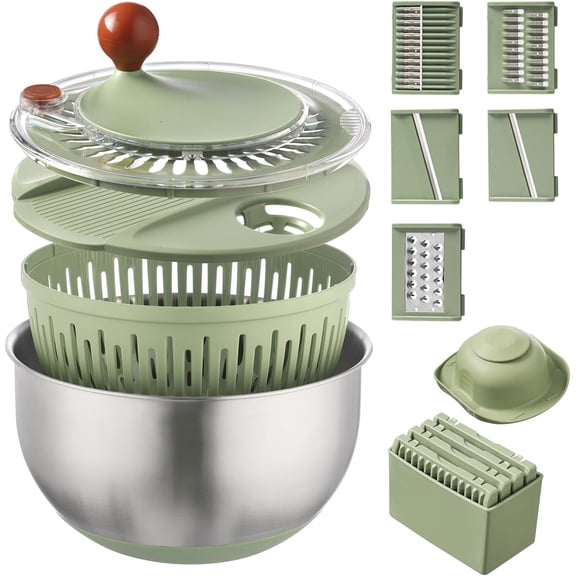 Stainless Steel Salad Spinner with Blades Slicer, Lettuce Veggie Fruit Spinner and Strainer, Multipurpose Vegetable Washer Dryer with Lid, Dishwasher Safe, slicing tools and shreds tools