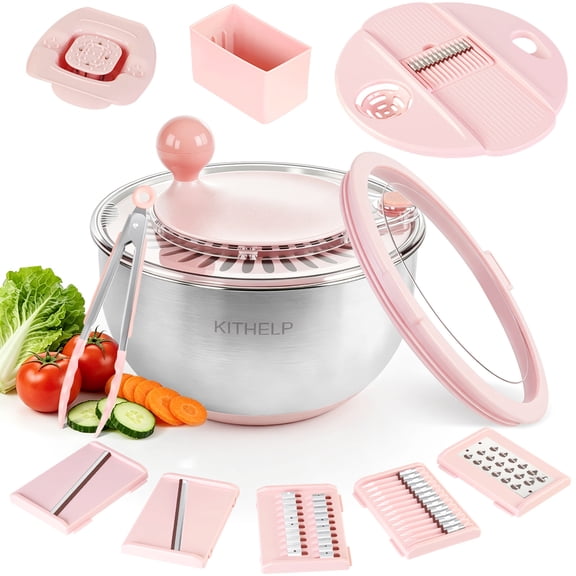 Stainless Steel Salad Spinner Large with 5 Blades Slicer, Lettuce Washer Spinner and Dryer, Vegetable Fruits Chopper Bowl, Egg Yolk Strainer Comes with Dipping Saucers and Clip, 5.3Qt