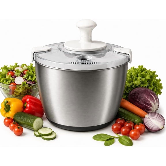Stainless Steel Salad Spinner Large Capacity 5Qt  Hand Crank Vegetable Washer & Dryer with One-Touch Stop, Drainage Spout, Non-Slip Base  Dishwasher Safe Kitchen Tool for Lettuce & Fruit