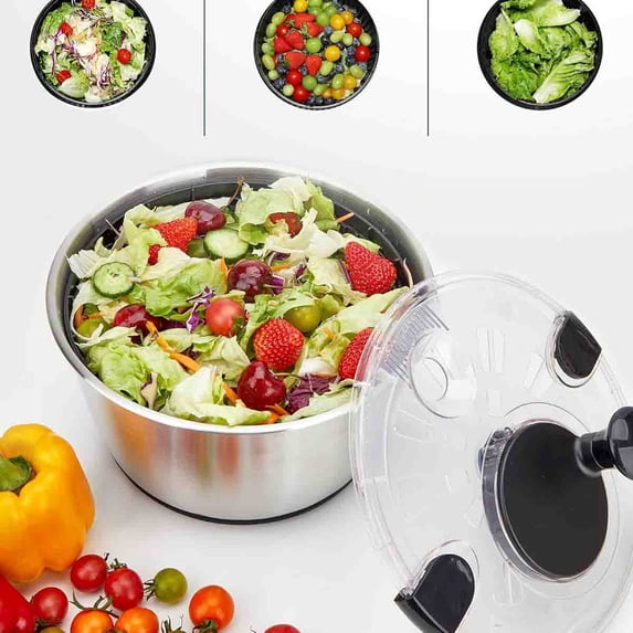 Stainless Steel Salad Spinner, Large Lettuce Dryer, Vegetable & Fruit Washer with Drain, Easy Clean, Non-Slip Base, Transparent Lid