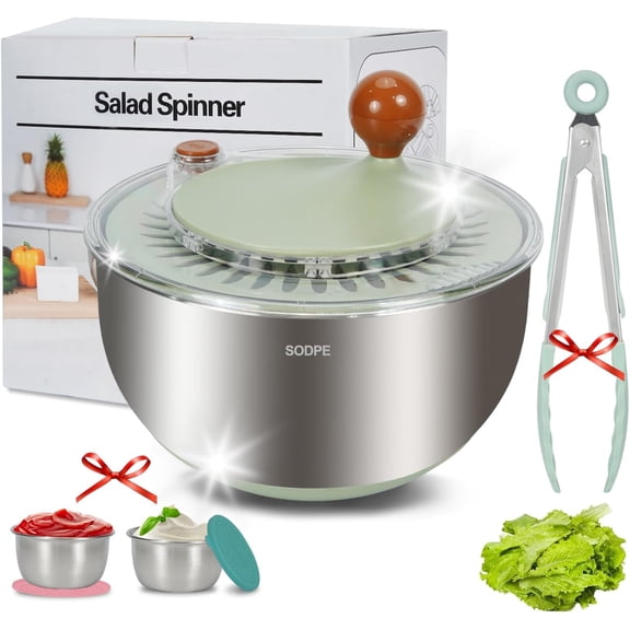 Stainless Steel Salad Spinner Large, Salad Washer Spinner and Dryer, Lettuce Cleaner Spinner, Vegetable Dryer, Fruit Washer with Dipping Saucers and Clip Dishwasher Safe, 5.3Qt