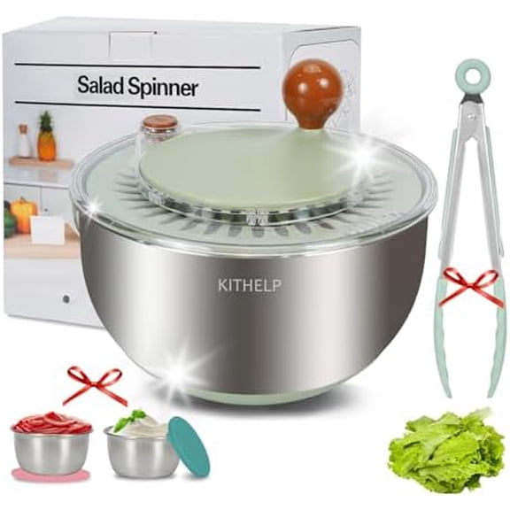 Stainless Steel Salad Spinner Large, Vegetables Fruits Wash Bowl with Strainer, Lettuce Spinner Dryer for Efficient Salad Preparation 5.3Qt