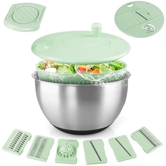 Stainless Steel Salad Spinner,Lettuce Spinner with Non-Slip Base,Vegetables Wash Bowl,Egg Yolk Strainer Slicer Shredder,A Variety of Blades Make it Easy to Chop, BPA Free,Dishwasher Safe.