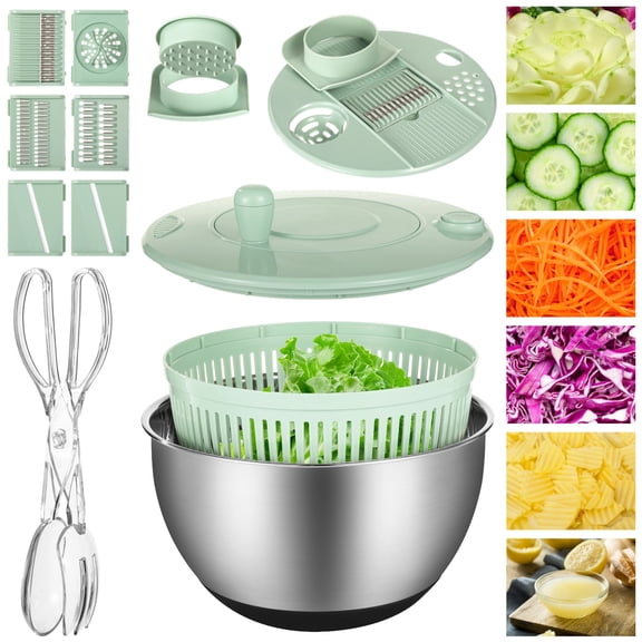 Stainless Steel Salad Spinner with Slicer Set, 5Qt Large Rotation Vegetable Washer, 5 Interchangeable Slicers, Citrus Juicer, Egg Separator, Anti-Slip Base Lettuce Bowl for Salad & Meal Prep