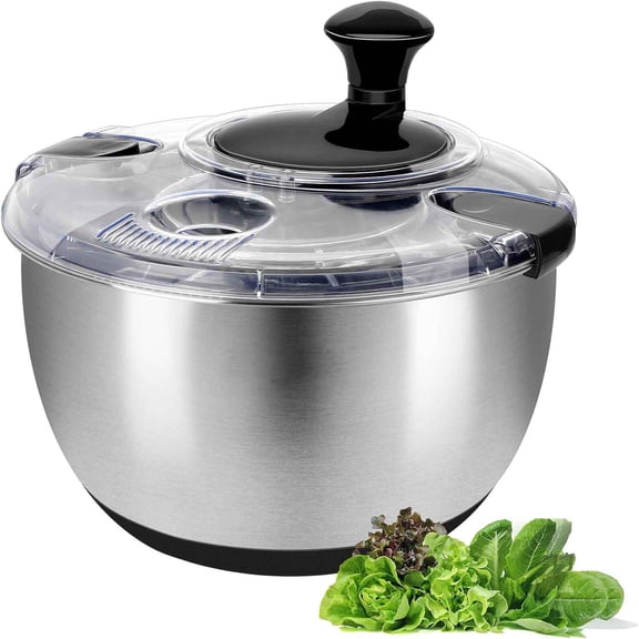 Stainless Steel Salad Spinner, Vegetable Washer, Lettuce Dryer with Crank Design, Dishwasher Safe, Non-Slip Base - Transparent Lid