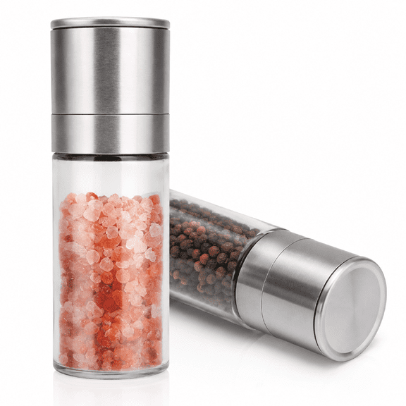 Salt and Pepper Grinder Set Glass Stainless Steel Ceramic Rotor Adjustable Coarseness Manual Mill