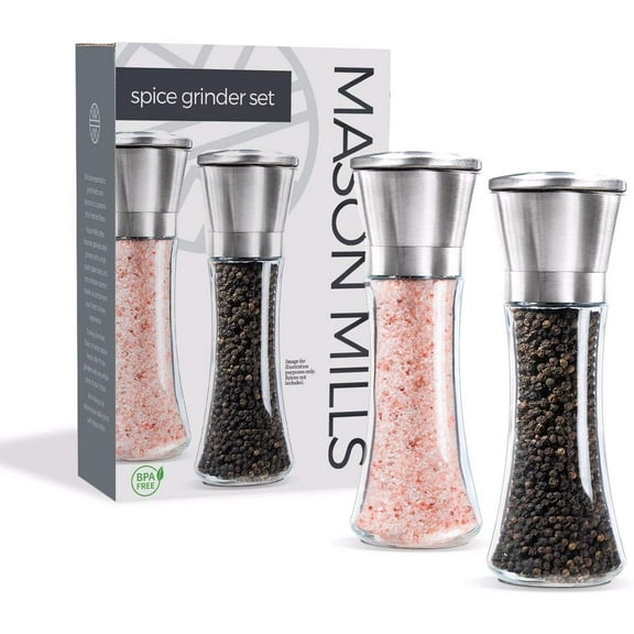 Stainless Steel Salt and Pepper Grinder Set - Two Piece Set - Glass and Stainless Steel Mill - Large Capacity Shakers - Top Loading Design By Mason Mills