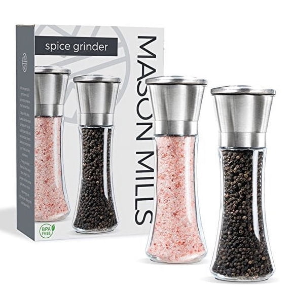 Stainless Steel Salt and Pepper Grinder Set - Two Piece Set - Glass and Stainless Steel Mill - Large Capacity Shakers - Top Loading Design By Mason Mills