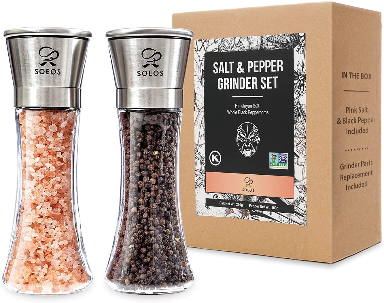 Soeos Salt and Pepper Grinder Set, Organic Whole Black Peppercorns, 35oz (100g), Himalayan Pink Salt, 8oz (230g) USDA Organic Bl