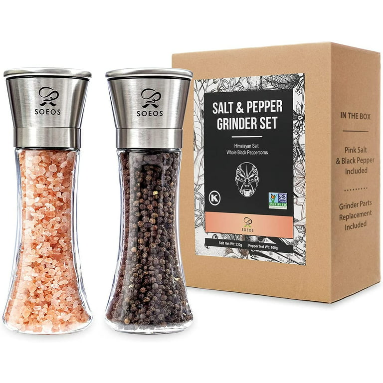Soeos Salt and Pepper Grinder Set, Organic Whole Black Peppercorns, 35oz (100g), Himalayan Pink Salt, 8oz (230g) USDA Organic Bl