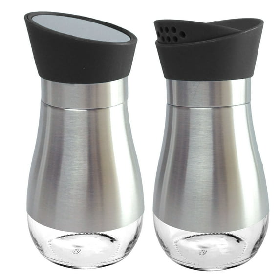Stainless Steel Salt & Pepper Shakers Glass Bottom Rotating Cover Spice Sugar
