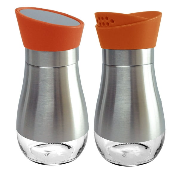 Stainless Steel Salt & Pepper Shakers Glass Bottom Rotating Cover Spice Sugar