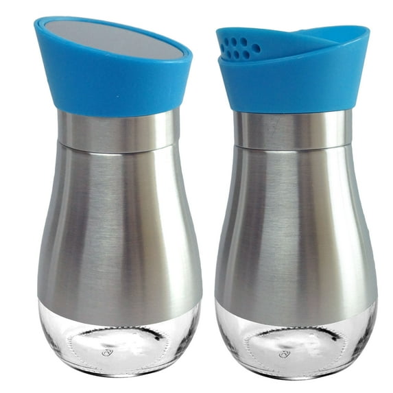 Stainless Steel Salt & Pepper Shakers Glass Bottom Rotating Cover
