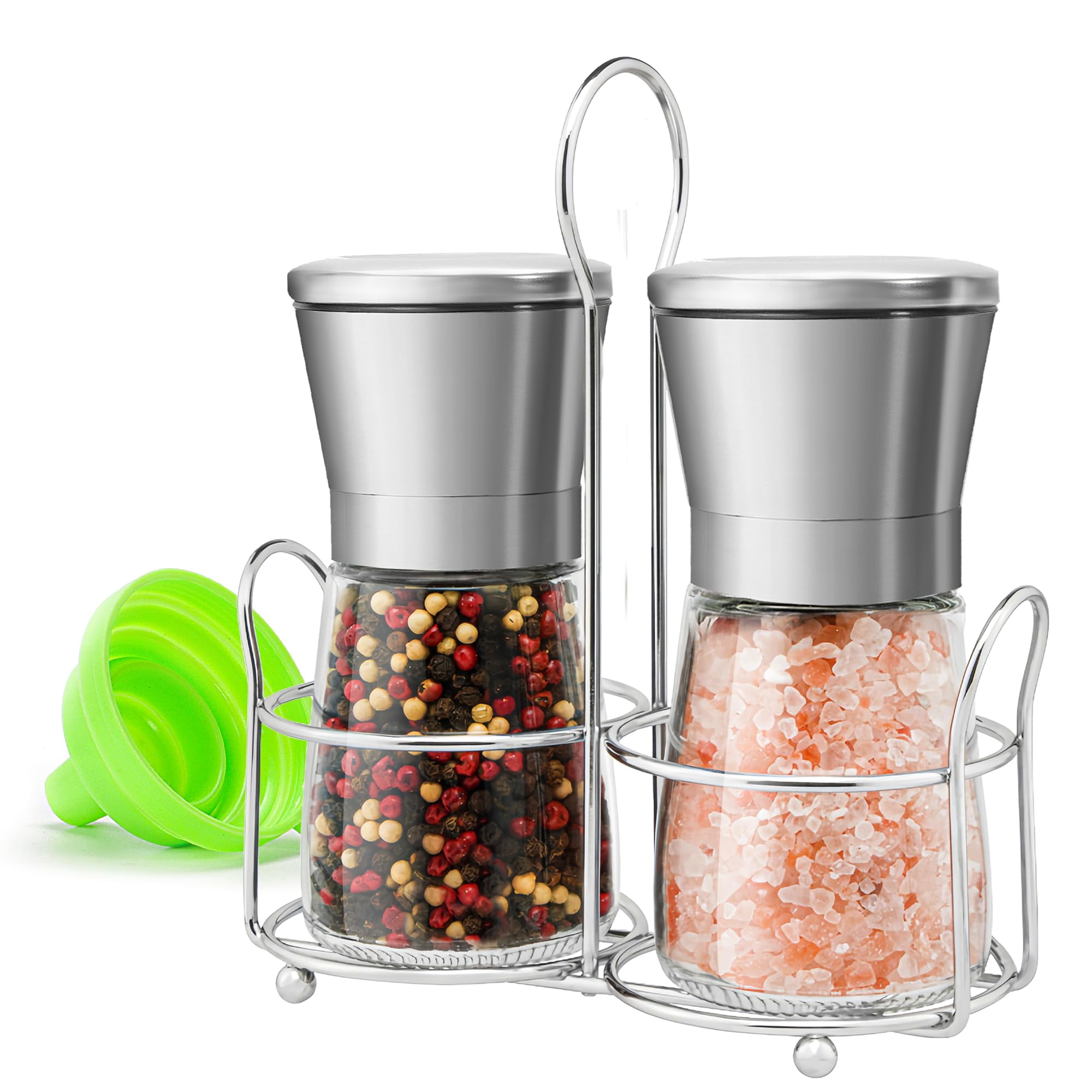 Stainless Steel Salt and Pepper Grinder Set with Adjustable Coarseness Glass Spice Shakers Ceramic Mills Easy Clean with Funnel