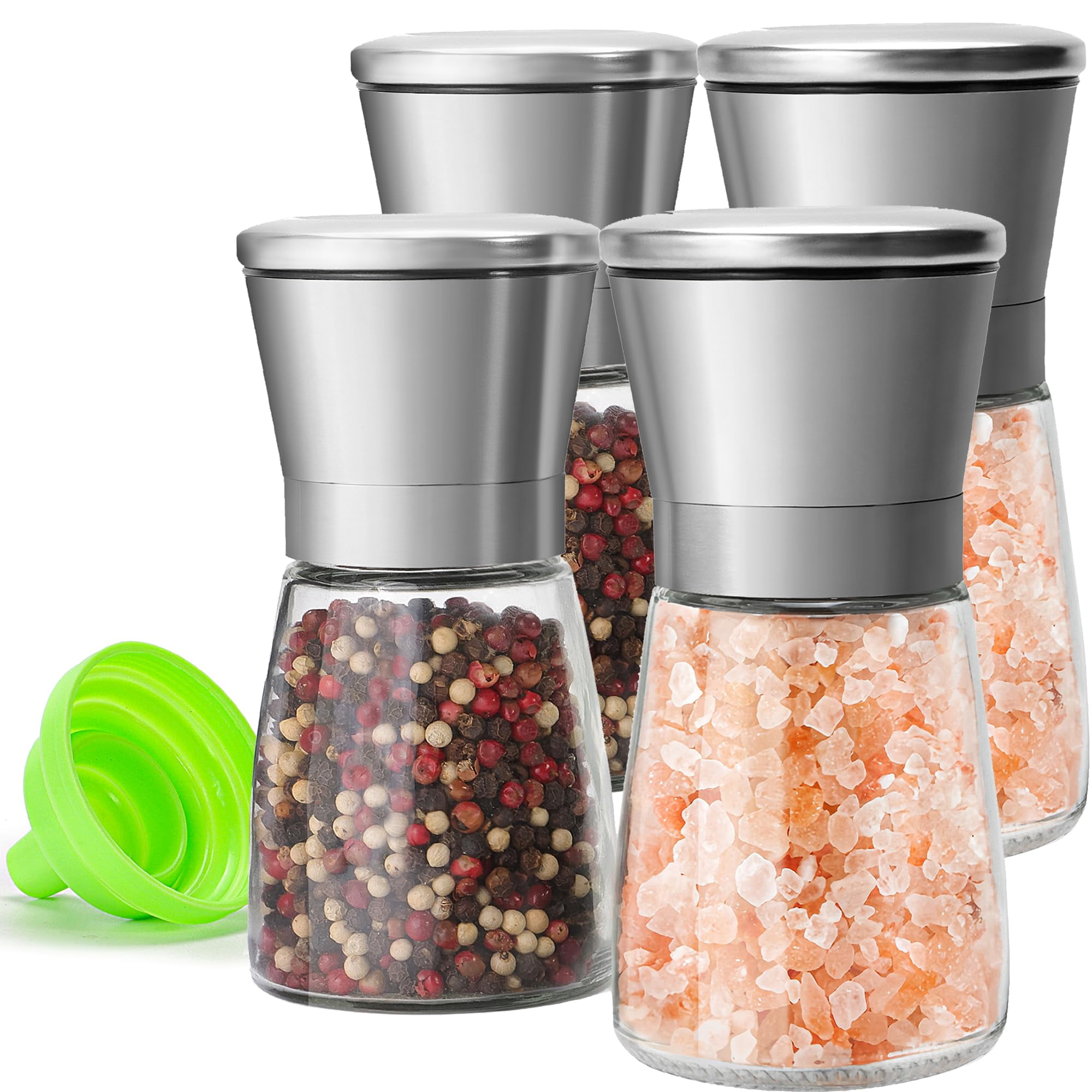 Stainless Steel Salt and Pepper Grinder Set with Adjustable Coarseness Glass Spice Shakers Ceramic Mills Easy Clean with Funnel