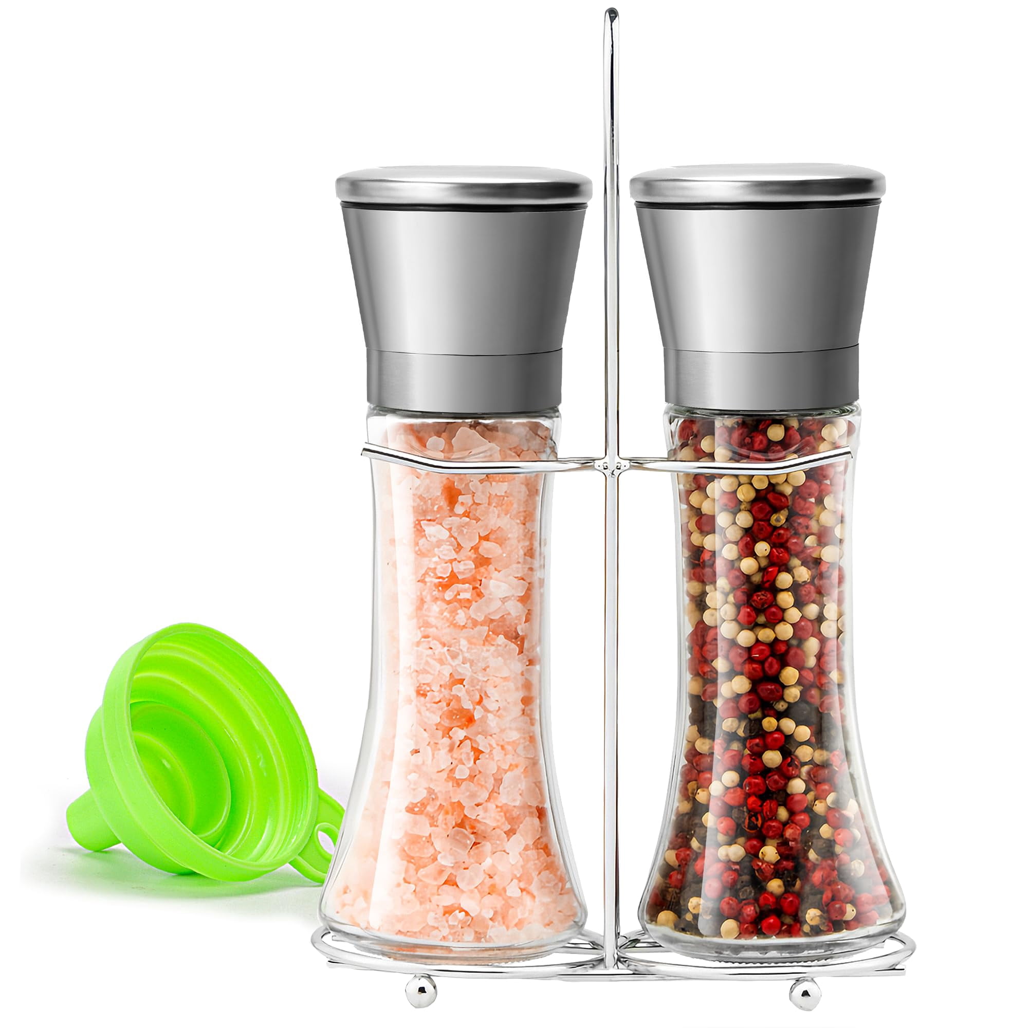 Stainless Steel Salt and Pepper Grinder Set with Adjustable Coarseness Glass Spice Shakers Ceramic Mills Easy Clean with Funnel