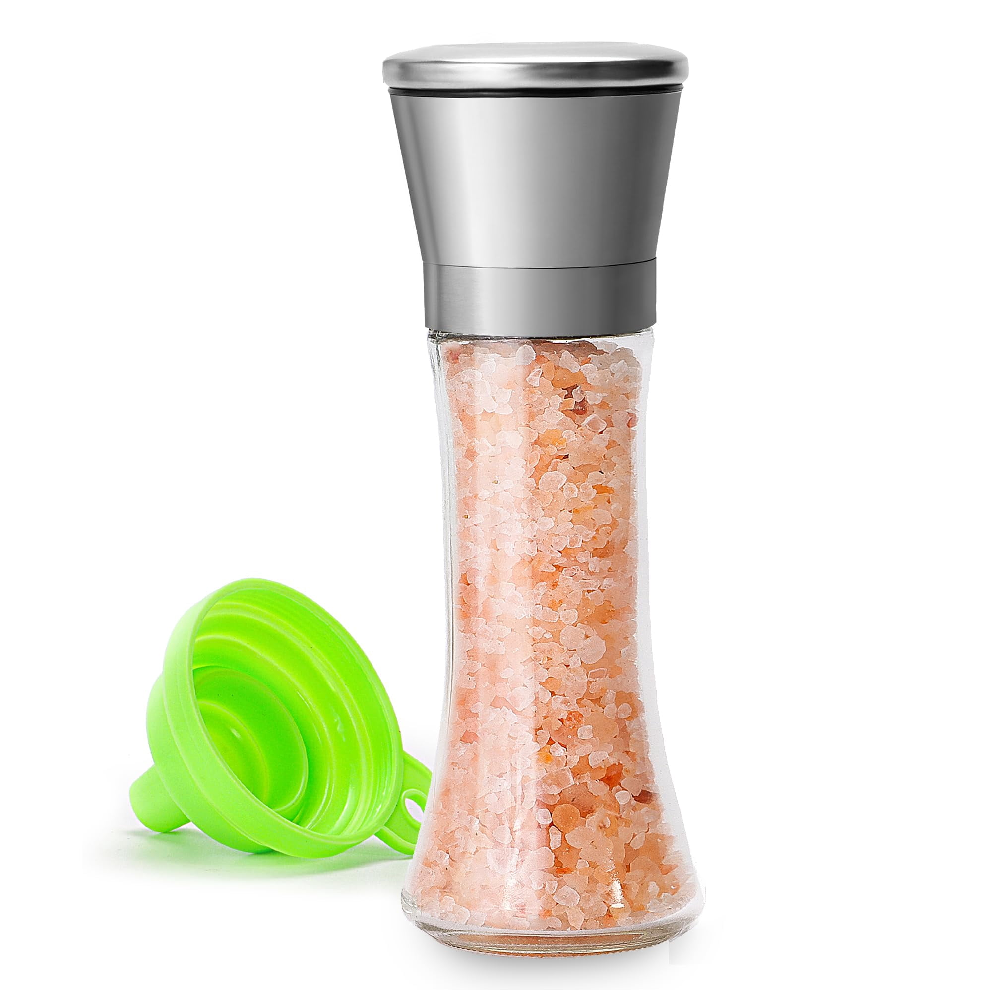 Stainless Steel Salt and Pepper Grinder Set with Adjustable Coarseness Glass Spice Shakers Ceramic Mills Easy Clean with Funnel