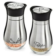 Stainless Steel Salt and Pepper Shaker Set with Glass Bottom, Perforated "S" and "P" Caps - Modern Kitchen Counter Decor (4oz)