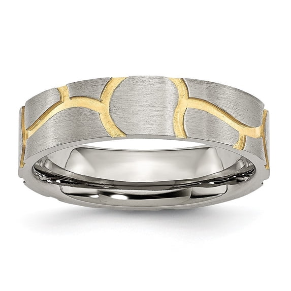 Stainless Steel Satin and Grooved Gold-Flashed Ladies 6mm Band Ring - 5.1 Grams - Size 11.5